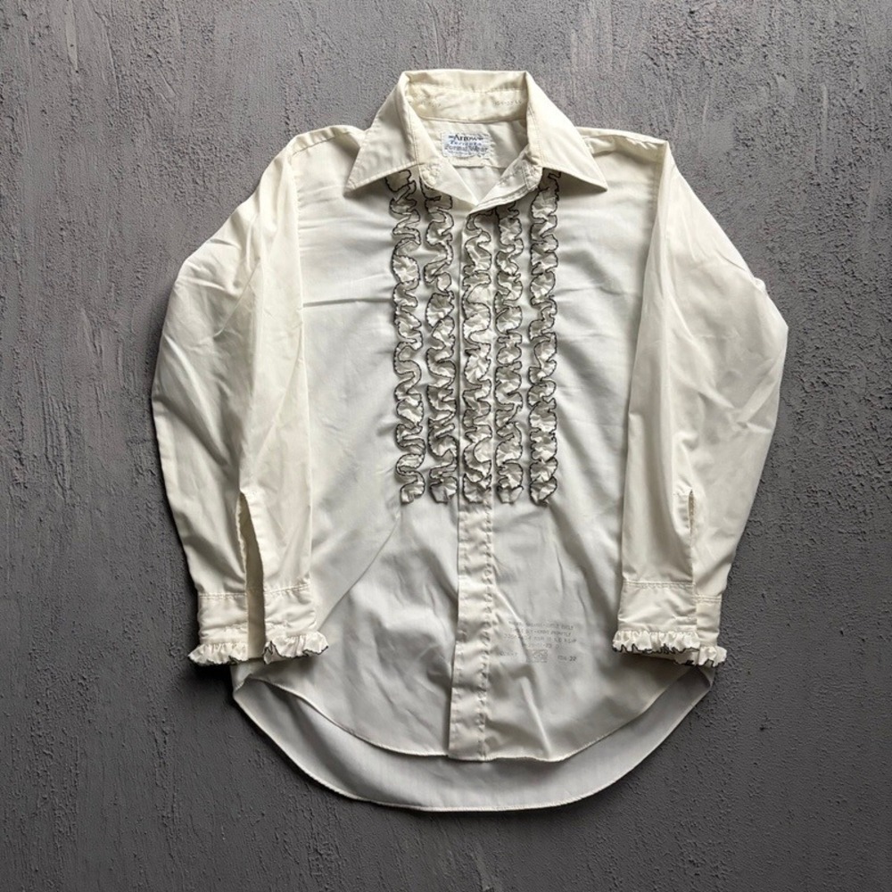 Vintage Arrow Button Up Shirt Large White 1970s Tuxedo Ruffle Front